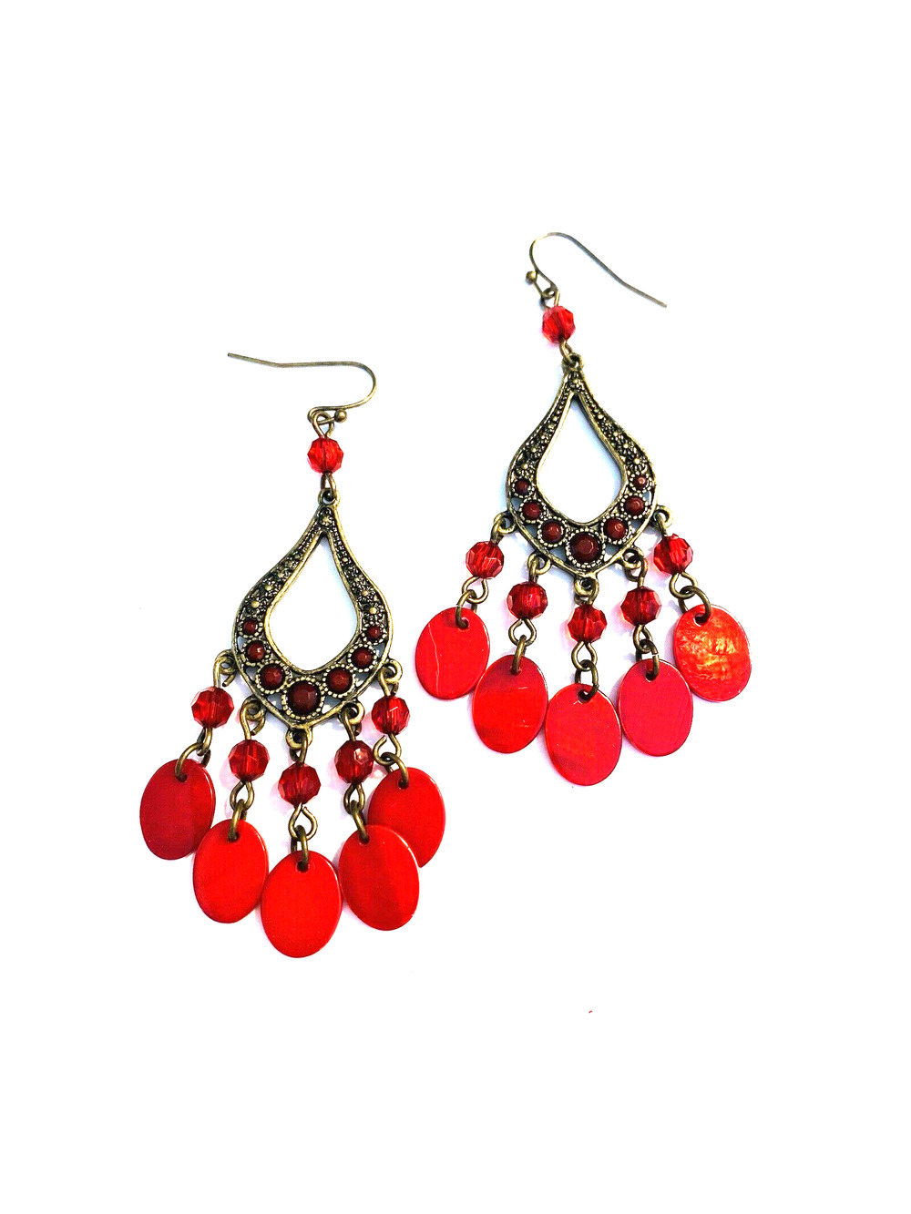 Boho Fashion Pierced Earrings Antiqued Goldtone Red Beaded Dangle Hoops Festival